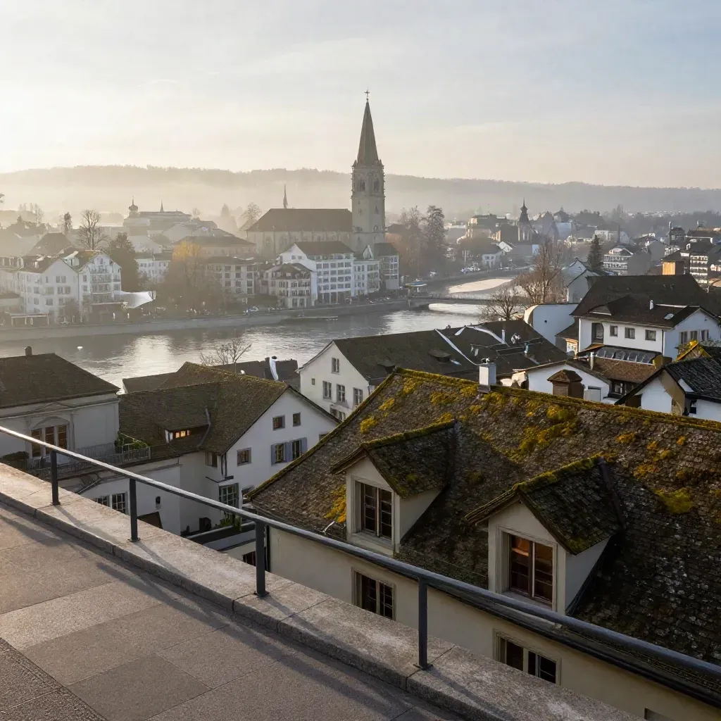 Vernebelte Zürcher Skyline mit Limmat und Kirchturm im Morgenlicht.