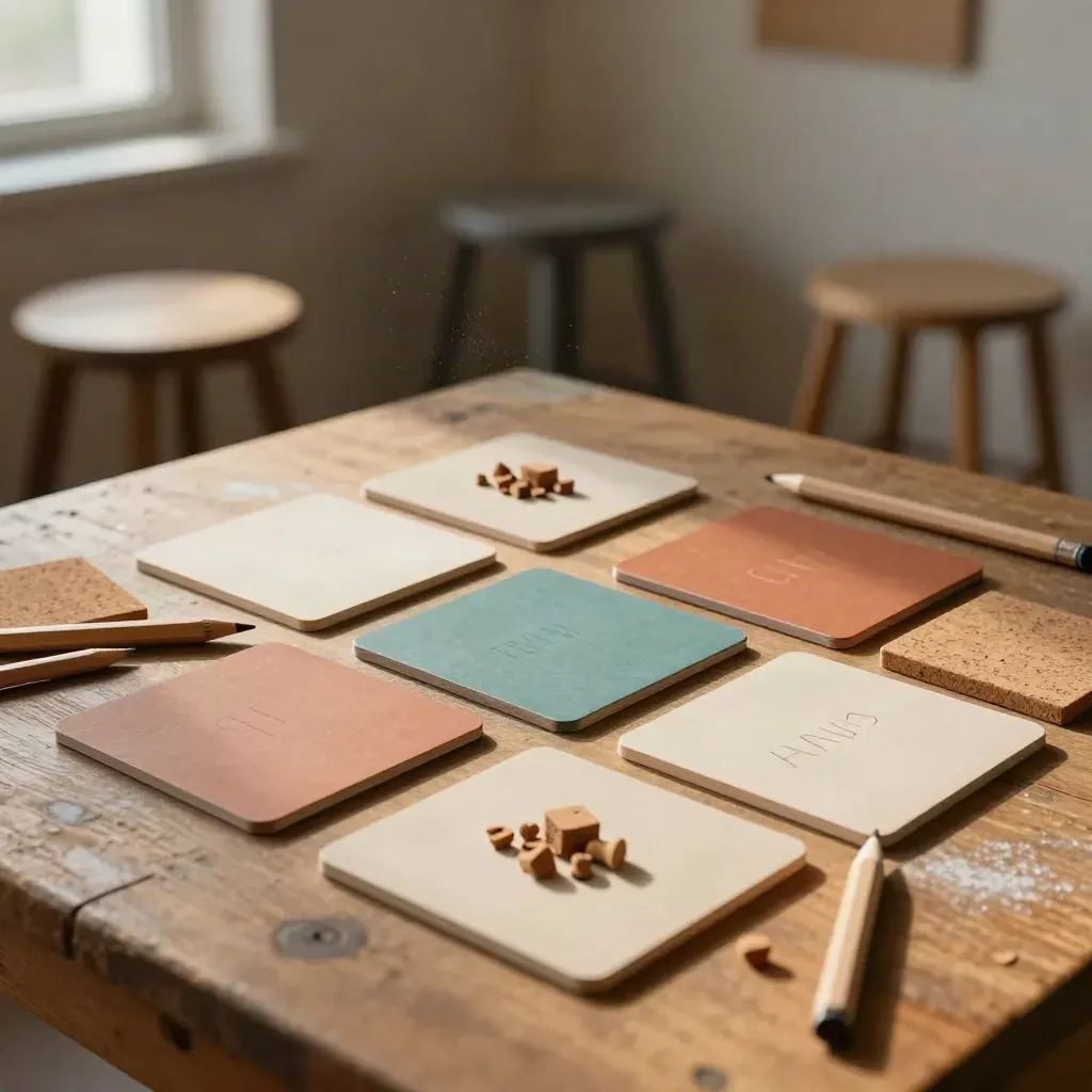 Workshop-Setup mit Kartenkacheln, Kork und Holzstiften im warmen Licht