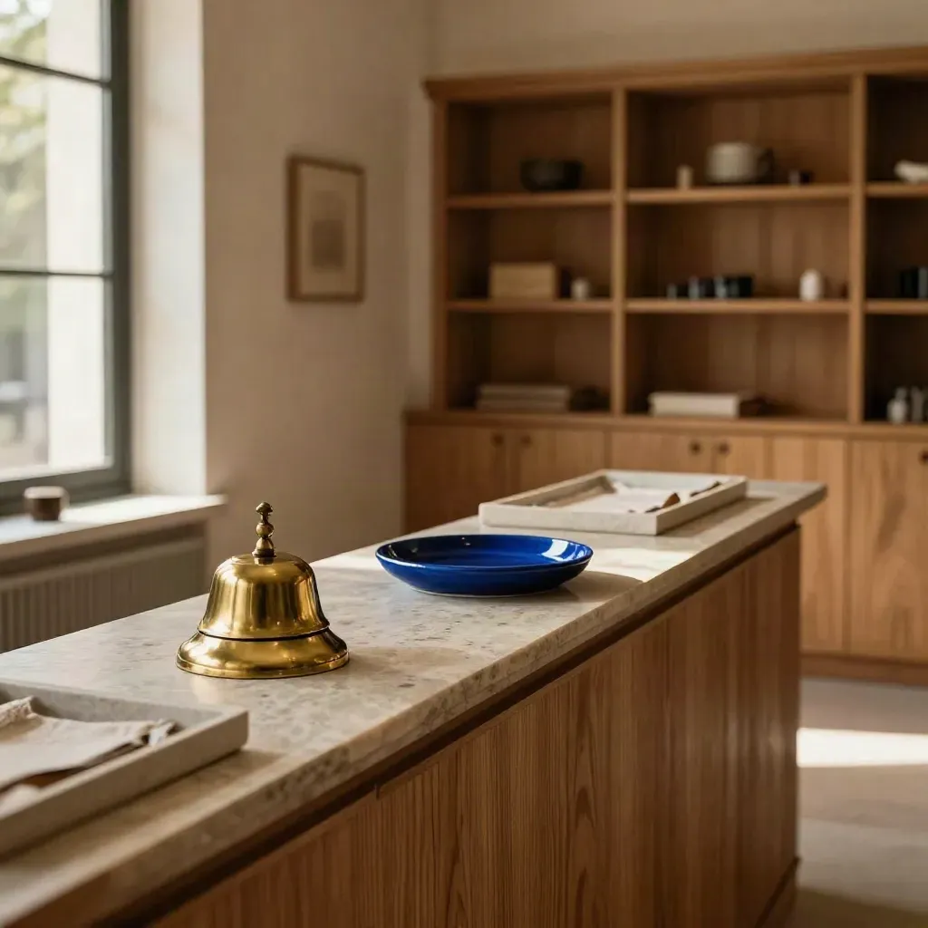 Warme Boutique-Empfangszone mit Messingglocke, Naturstein und ruhigem Seitenraum.