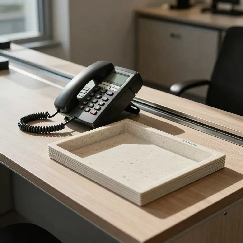 Analoger Telefonplatz mit Hörer, Metallführungen und geordneten Ablagen auf Travertin.