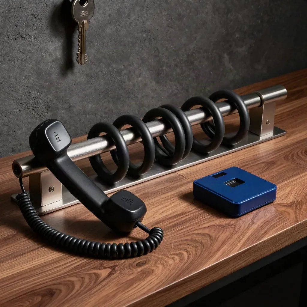 Schwarzer Telefonhörer, Kabelschlaufen und Dock-Element auf dunklem Holz im harten Seitenlicht.