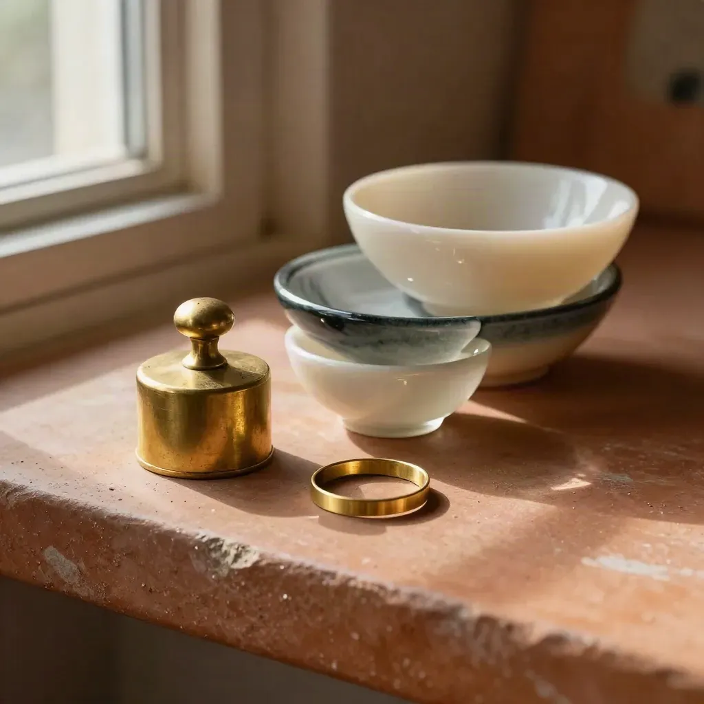 Glas- und Keramikformen mit Messingring auf Terrakottastein, elegant wie ein Servierbild.