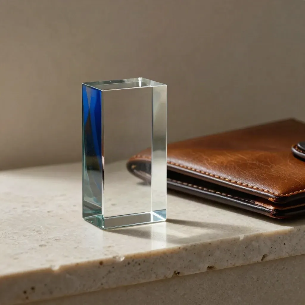 Prismatischer Glasblock neben Steinplatte und Ledermappe auf hellem Steinsims im Seitenlicht