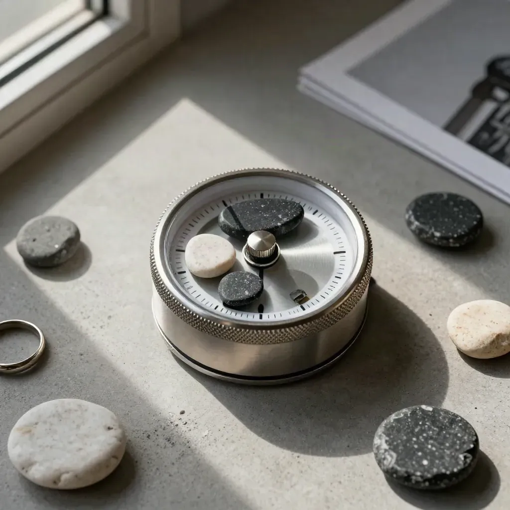 Metall-Timer, Steine und Markierungsring auf hellem Beton, streng von oben arrangiert.