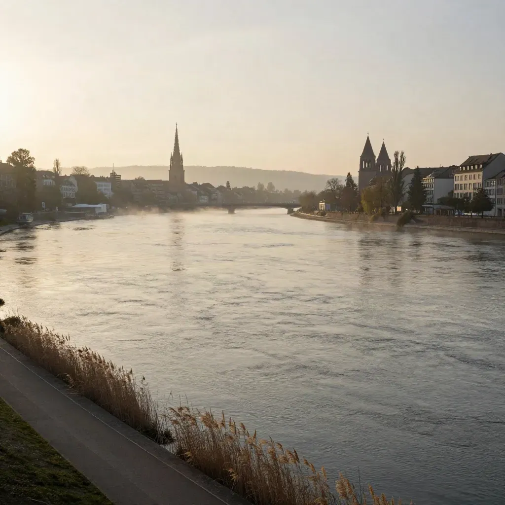 Basler Rheinbiegung im Abendhaze mit Münster-Türmen und ruhiger Wasserfläche