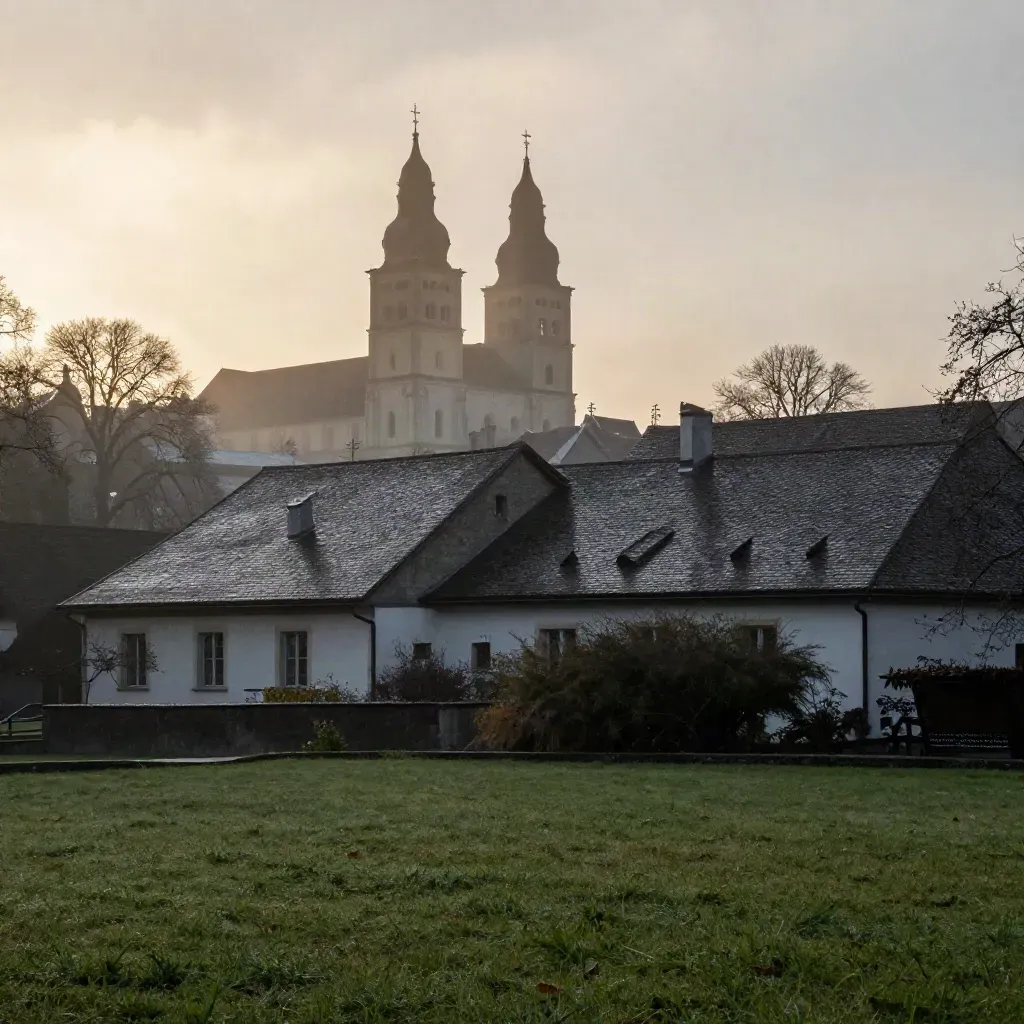 Stiftsbezirk St. Gallen im Morgennebel über ruhigem grünen Vorgrund