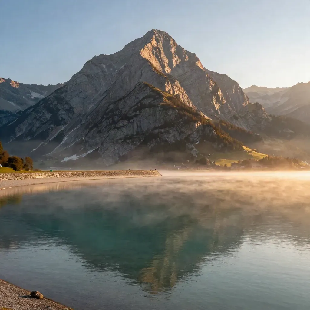 Der Vierwaldstättersee mit Pilatuskante im goldenen Dunst, ruhige Uferlinie und stilles Wasser.